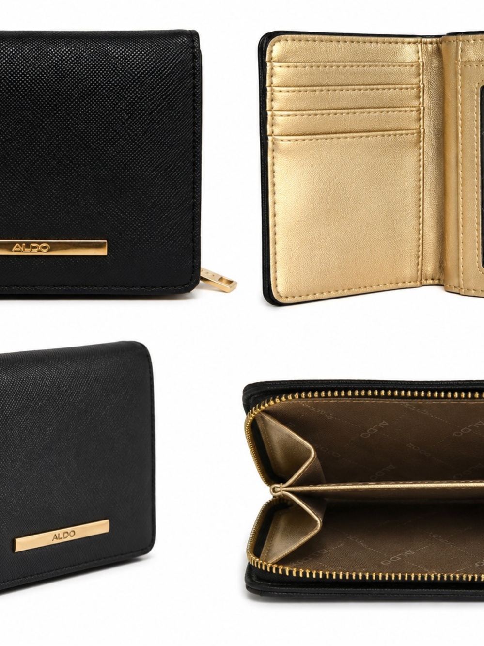 ALDO Black Faux Leather Wallet Card Holder Coin Purse Gold Hardware